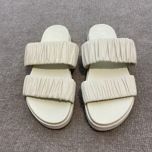 Sorel Sandals Womens Size 6.5 White Leather Slide Ruched Strap Cushioned Comfort